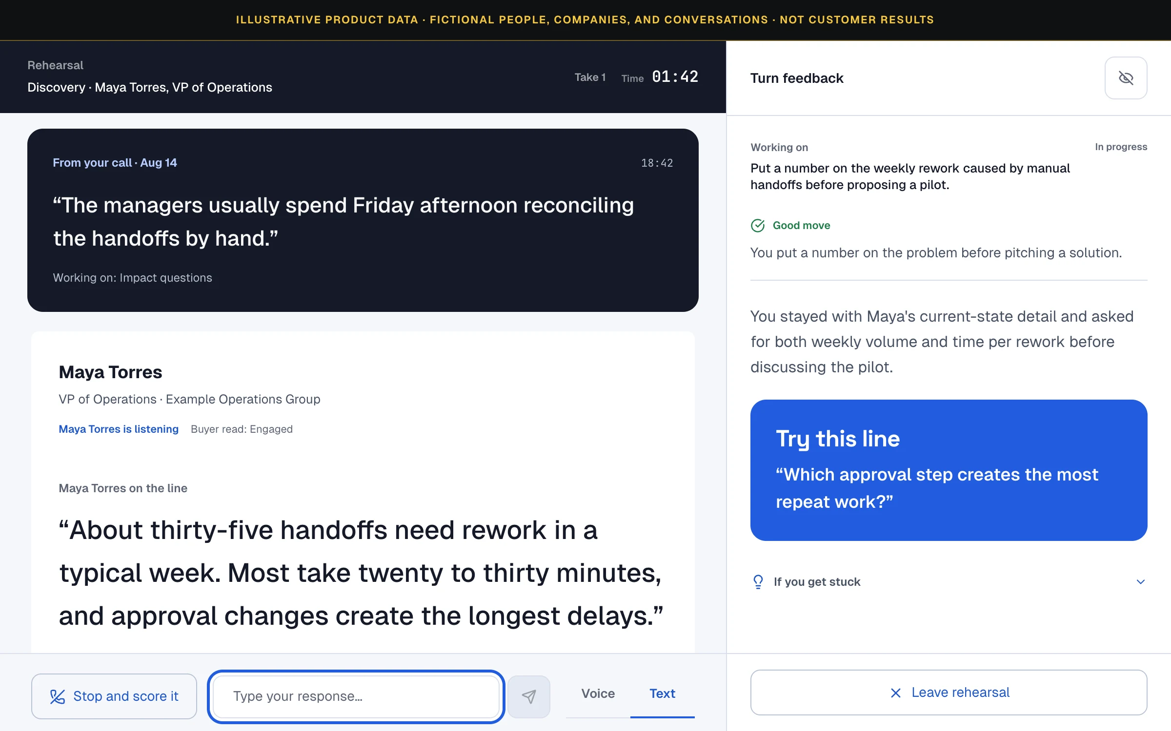 RepVolt rehearsal for Avery Cole's first discovery fix with a new fictional buyer, turn-by-turn feedback, a suggested response, and a recovery route